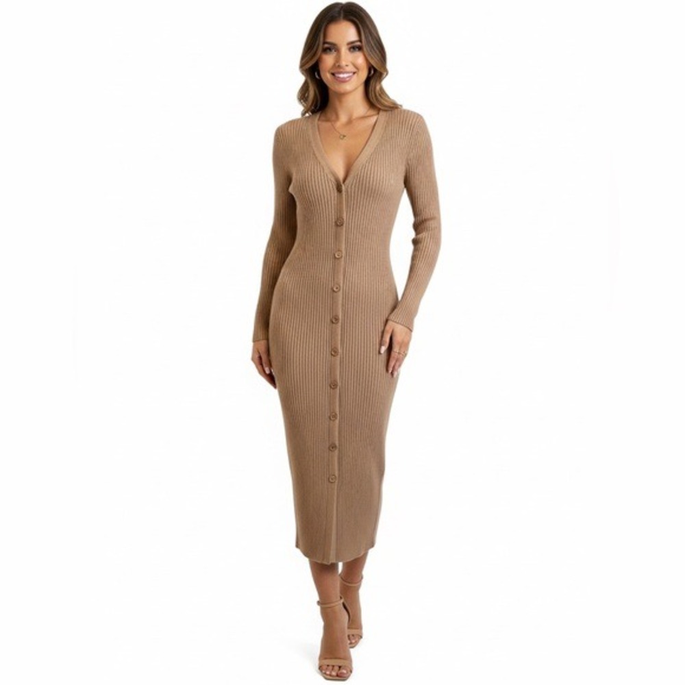 Harper Rose Long‎ Sleeve Ribbed Sweater Dress in Camel Women's Small